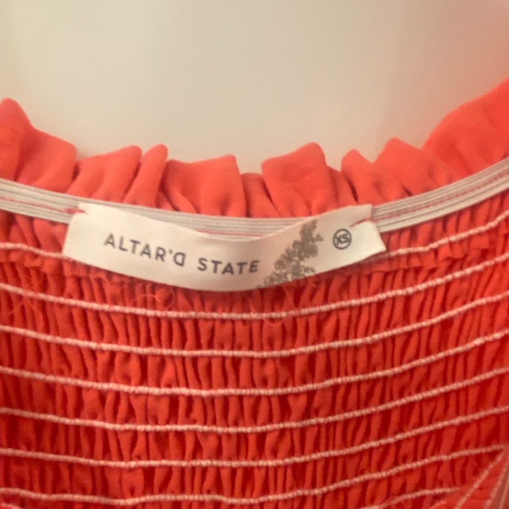 Altar'd State Smocked Puff Sleeve Babydoll Mini Dress - Coral / Red - Size XS - Picture 4 of 4